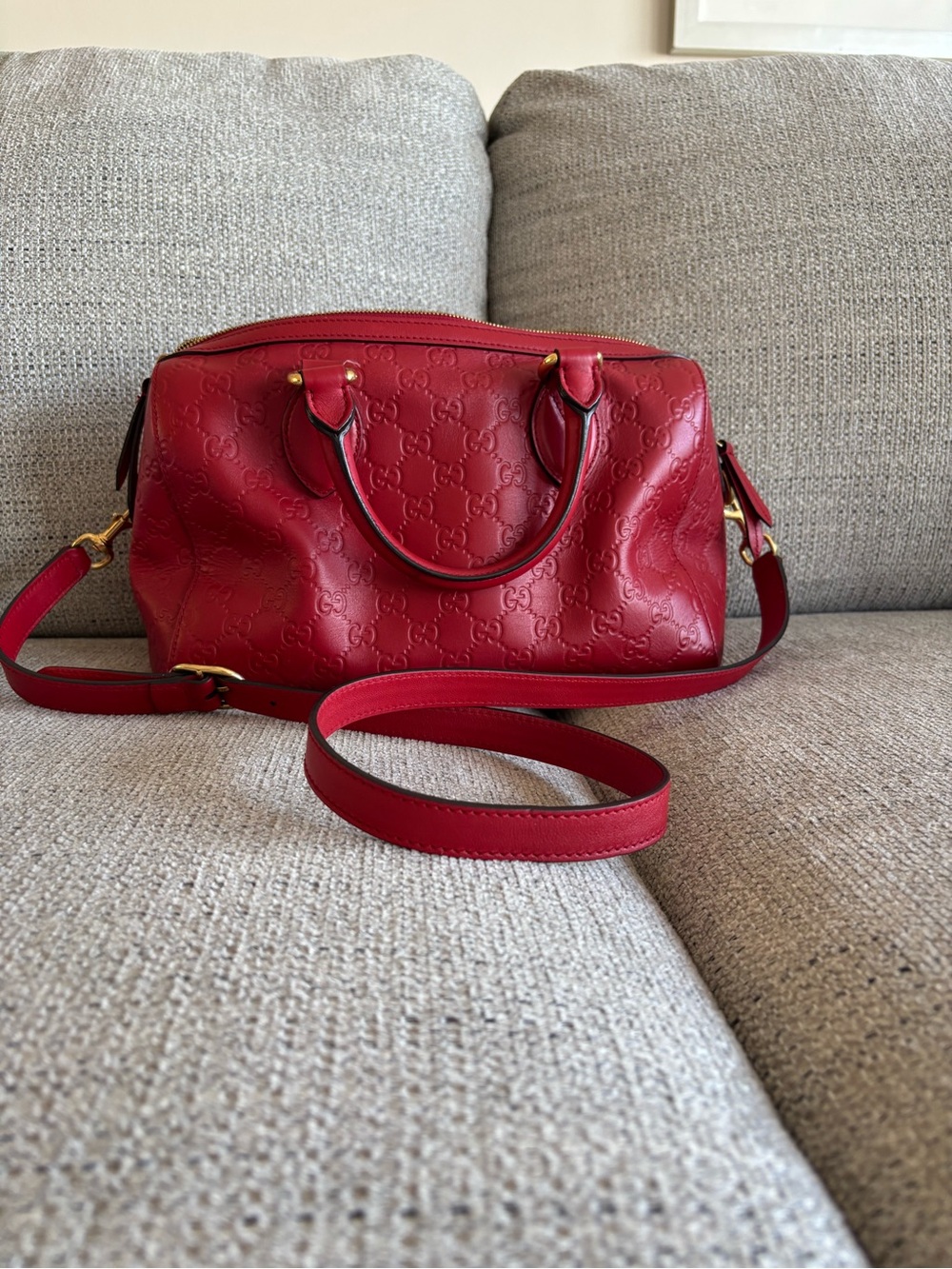 Gucci Red Embossed Leather Satchel with Shoulder Strap
